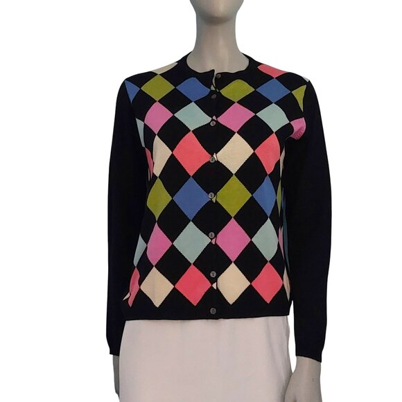 Cardigan Sweater Black Argyle Large Long Sleeves Colorful Preppy Classy Silk EUC - Picture 5 of 12